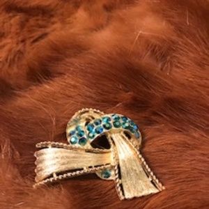 Vintage Gold and Turquoise Ribbon Brooch